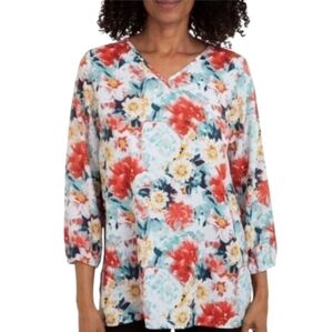 Mario Serrani Women’s Green White Multi Floral V Neck Long Sleeve Blouse